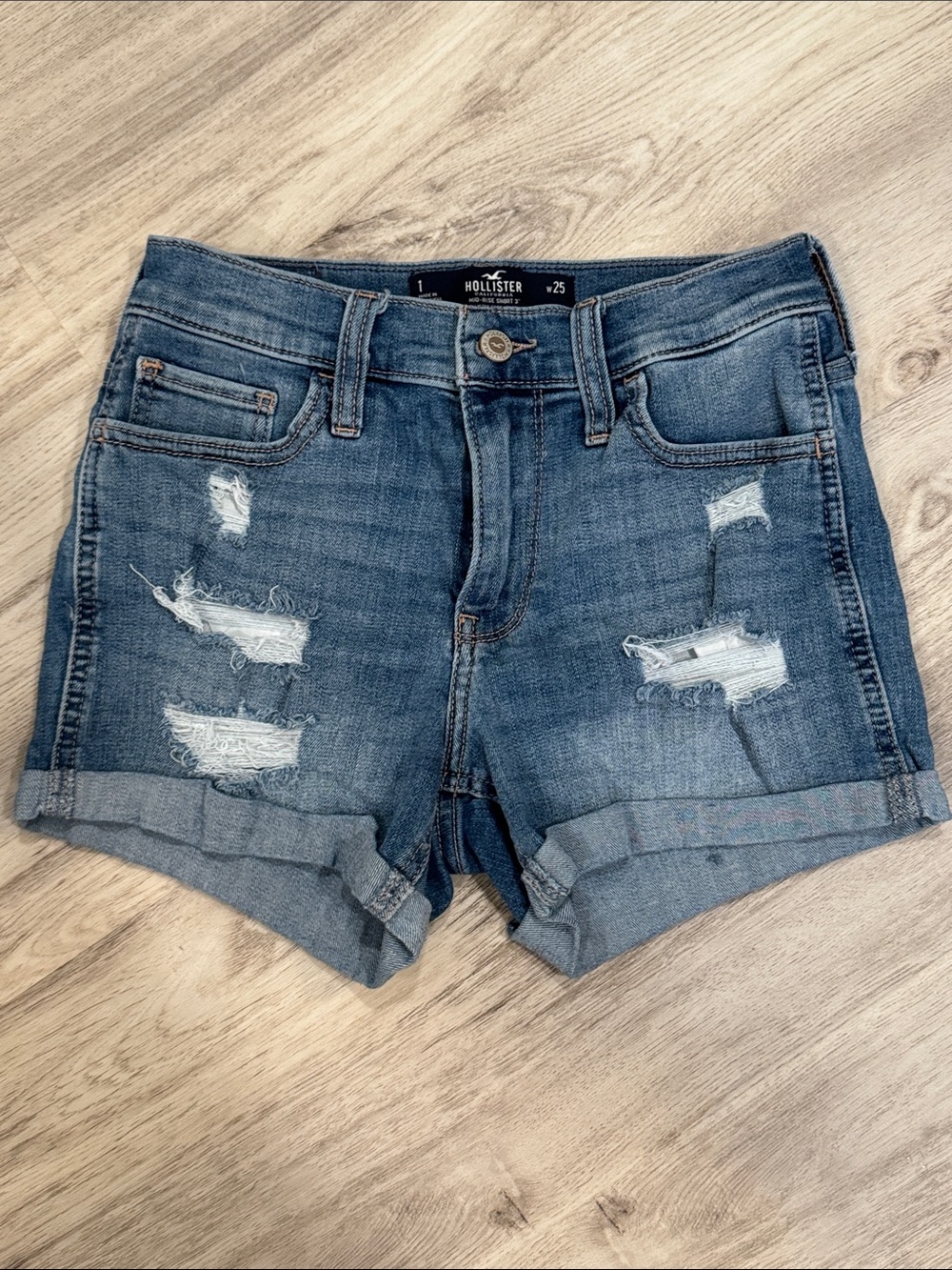 Hollister Women's Distressed Rolled Cuff Denim Shorts - Blue